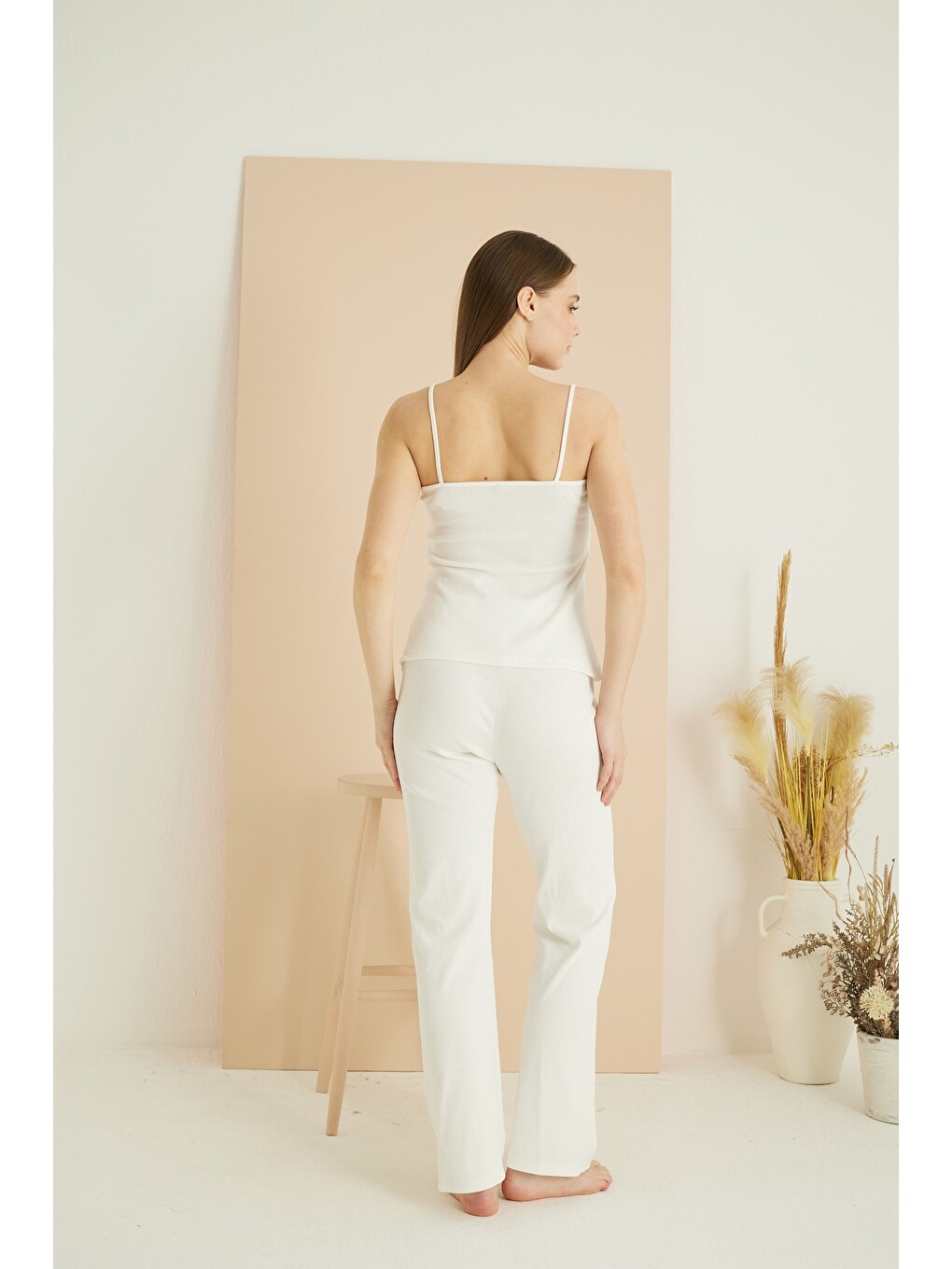 Ekru İp Askılı Bağlamalı Fitilli Kaşkorse Örme Pijama Takım 7823-3