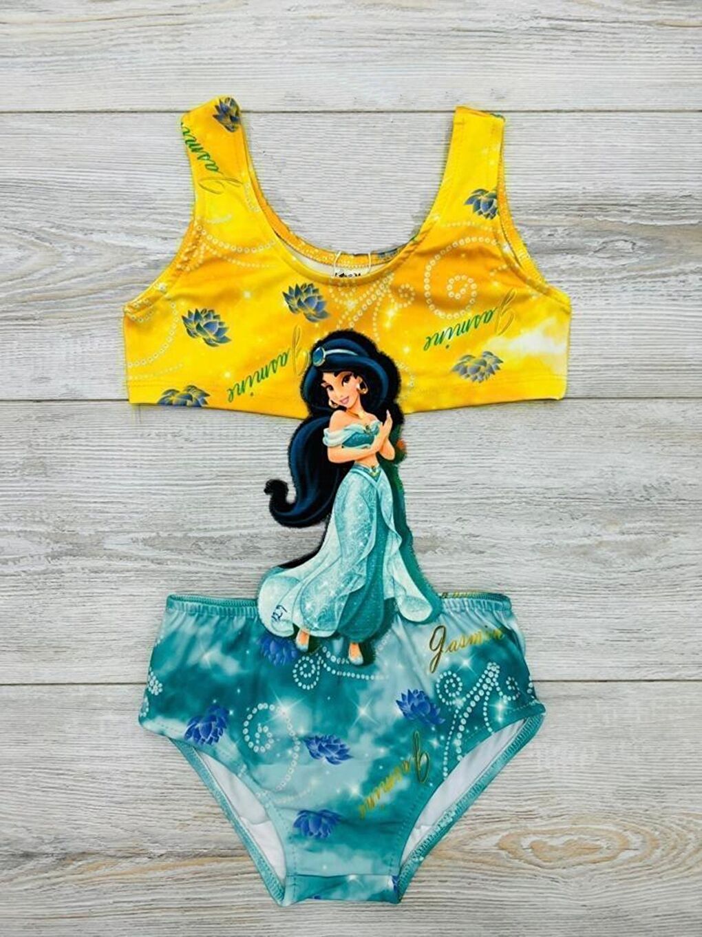 Turkuaz Kız Çocuk Bel Detaylı Prenses Baskılı Mayo 2-8 Yaş 12224