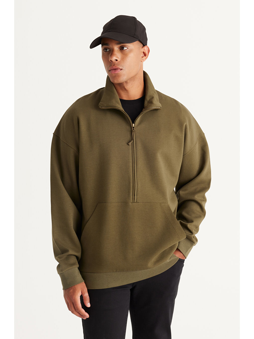 Erkek Haki Oversize Bol Kesim Bato Yaka Pamuklu Sweatshirt