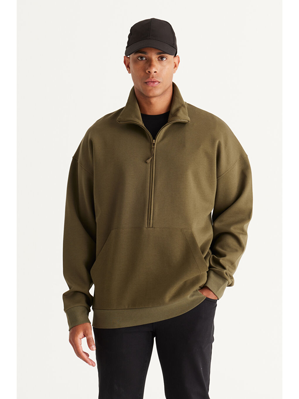 Erkek Haki Oversize Bol Kesim Bato Yaka Pamuklu Sweatshirt-1