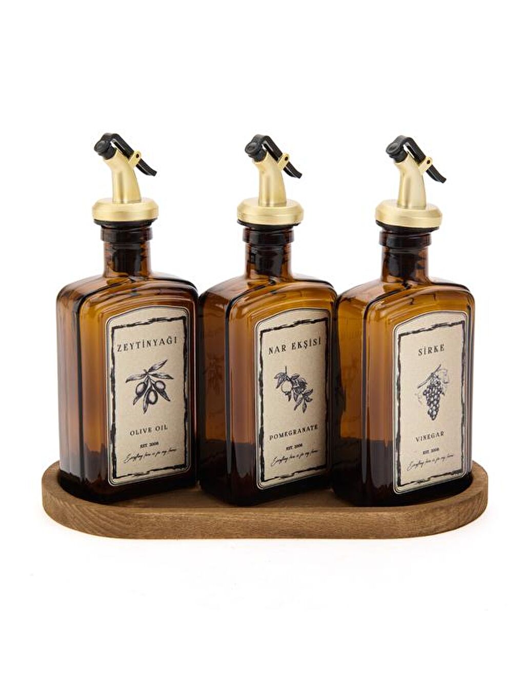 Evidea Sari Kitchen Ahşap Stantlı 3'lü Yağlık Sirkelik Seti - Amber - 300 ml
