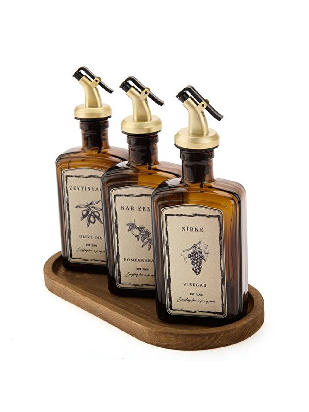Evidea Sari Kitchen Ahşap Stantlı 3'lü Yağlık Sirkelik Seti - Amber - 300 ml - 1