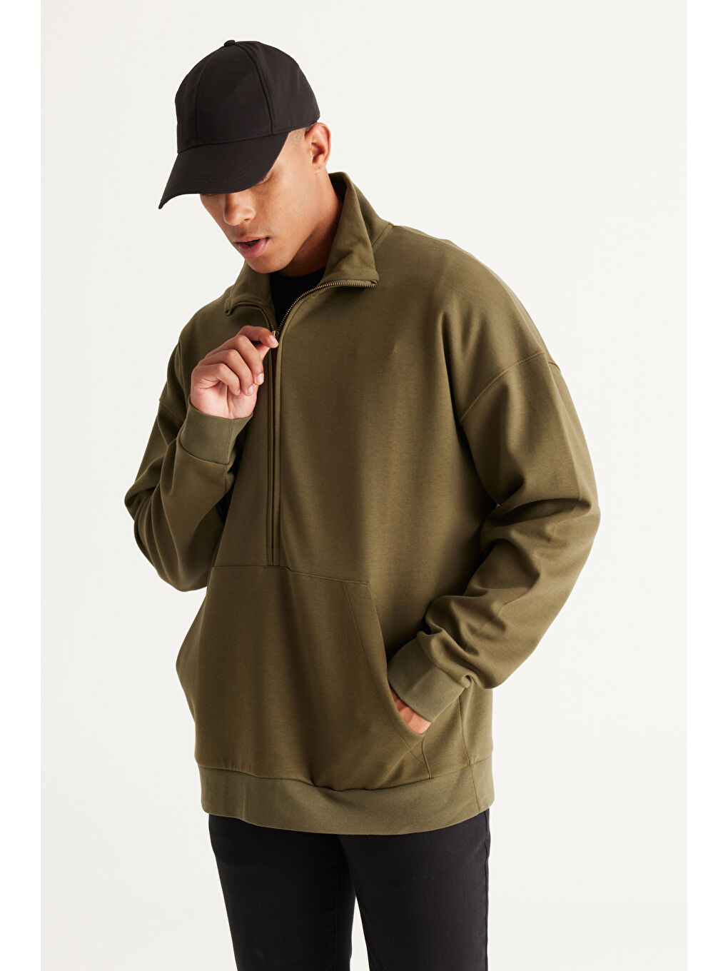 Erkek Haki Oversize Bol Kesim Bato Yaka Pamuklu Sweatshirt-2