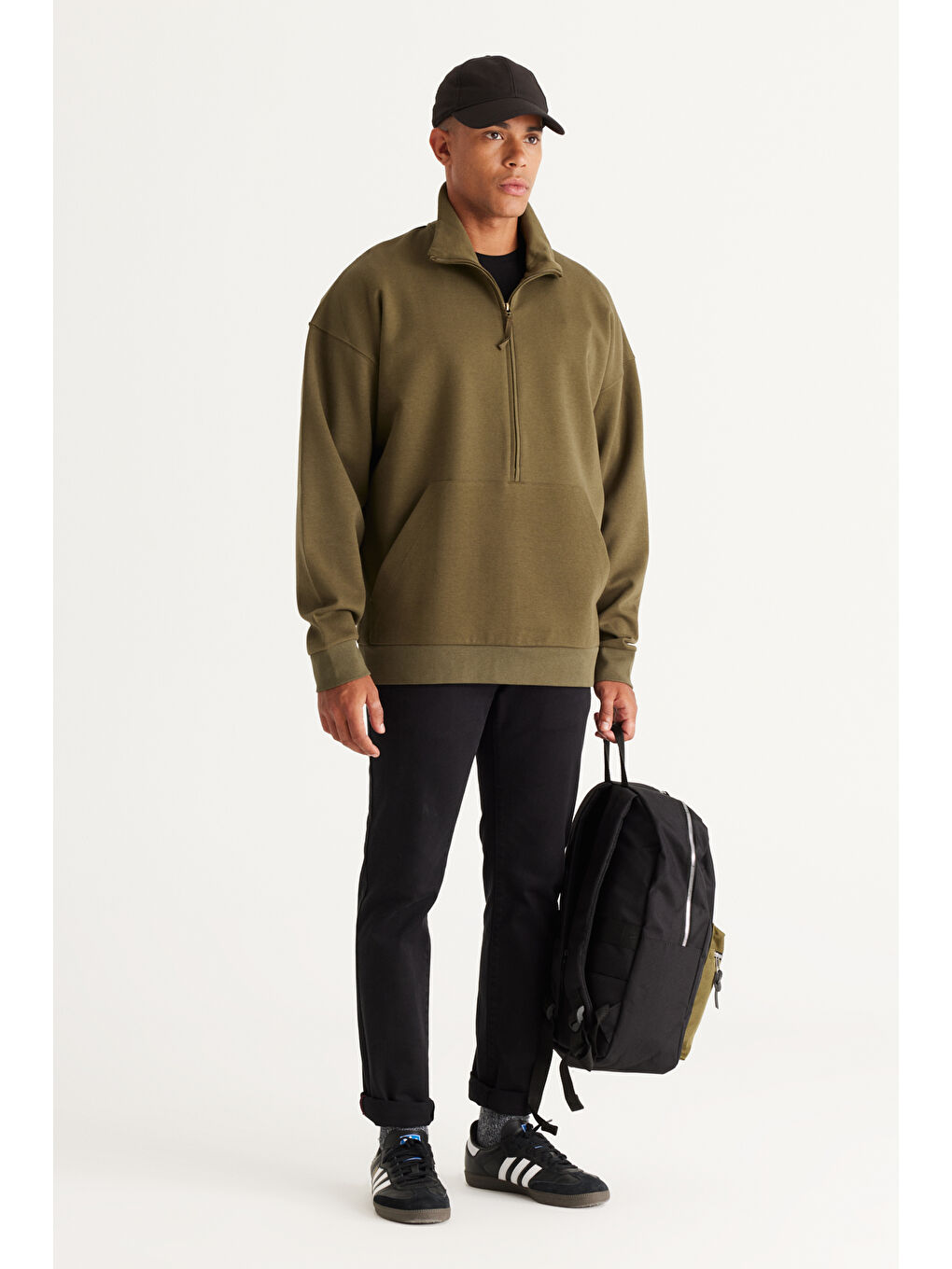 Erkek Haki Oversize Bol Kesim Bato Yaka Pamuklu Sweatshirt-4