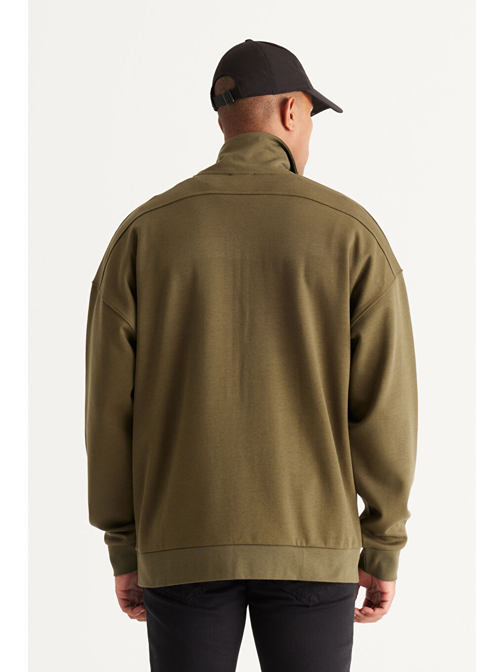 Erkek Haki Oversize Bol Kesim Bato Yaka Pamuklu Sweatshirt-5