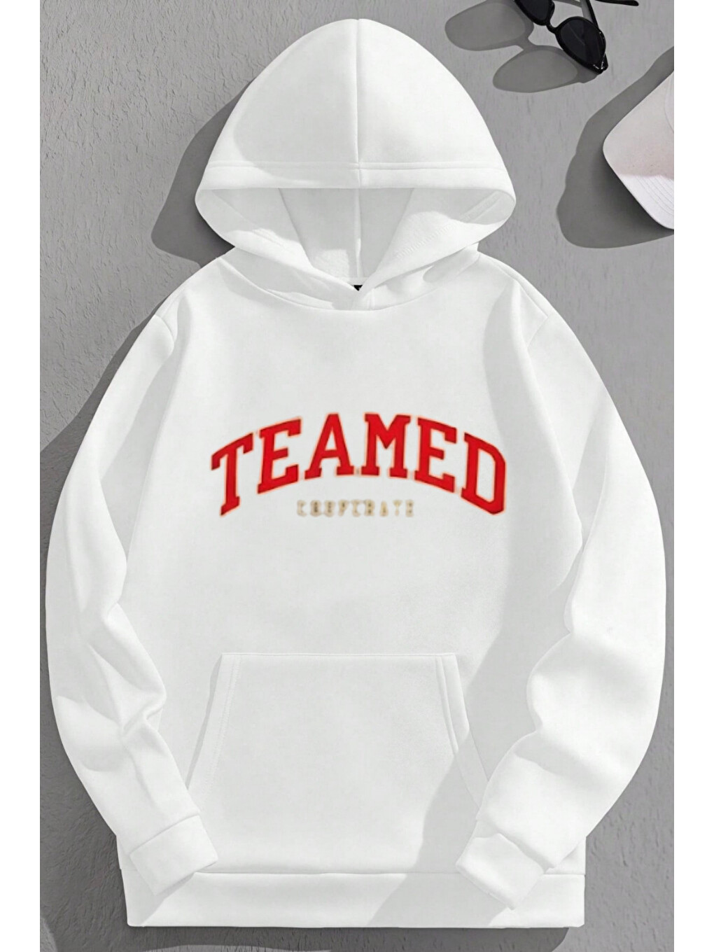 Unisex 3 İplik Pamuklu Beyaz Teamed Baskı Bol Kalıp Sweatshirt Hoodie