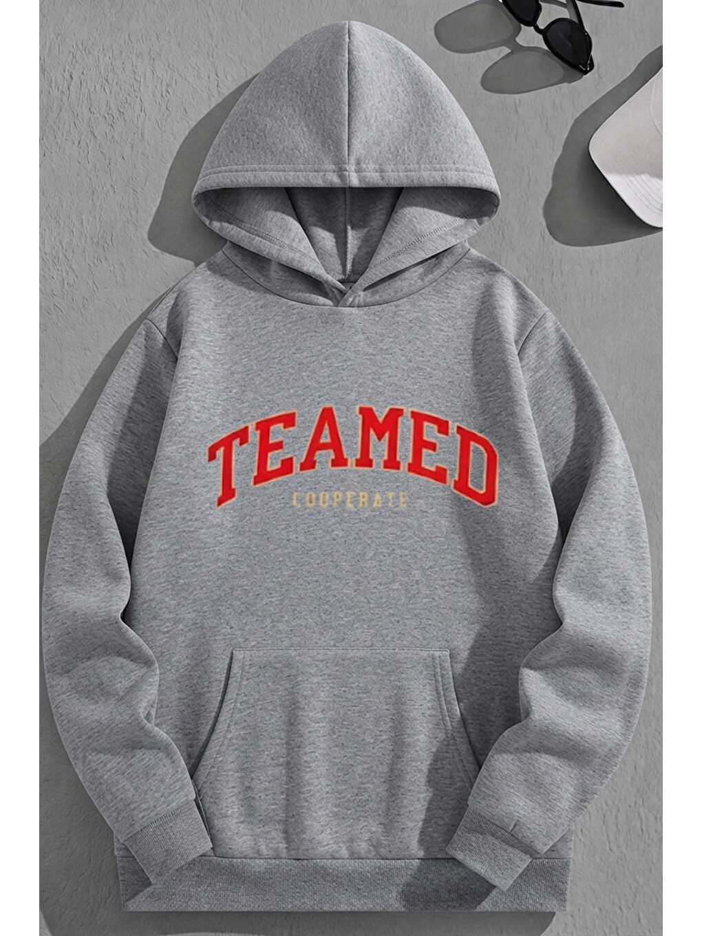 Unisex 3 İplik Pamuklu Gri Teamed Baskı Bol Kalıp Sweatshirt Hoodie