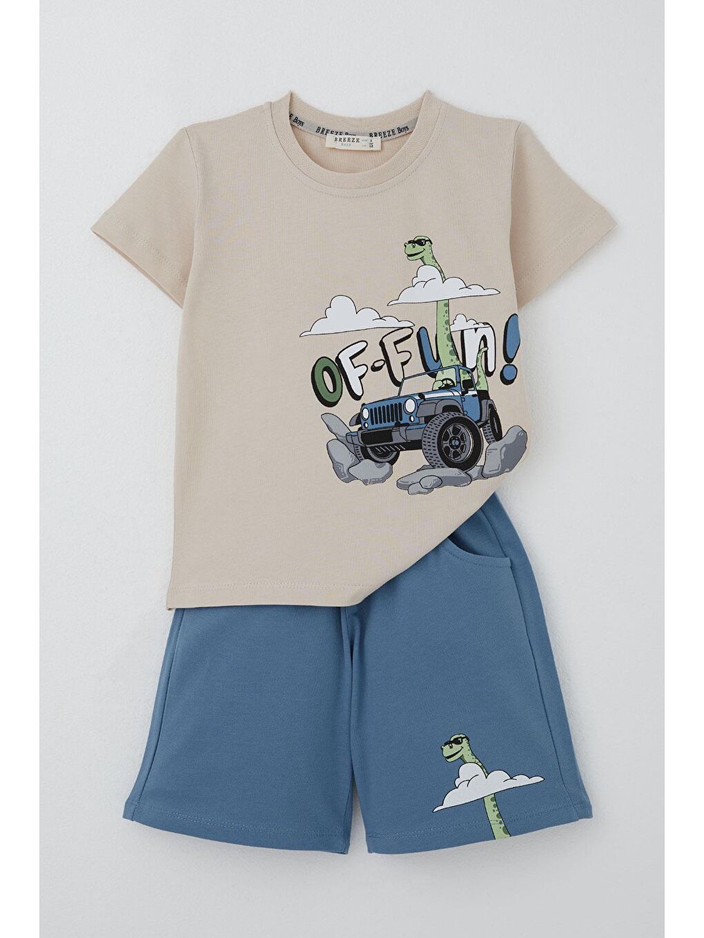 Erkek Çocuk Şortlu Takım Maceracı Dinozor Baskılı Bej (2-3 Yaş)
