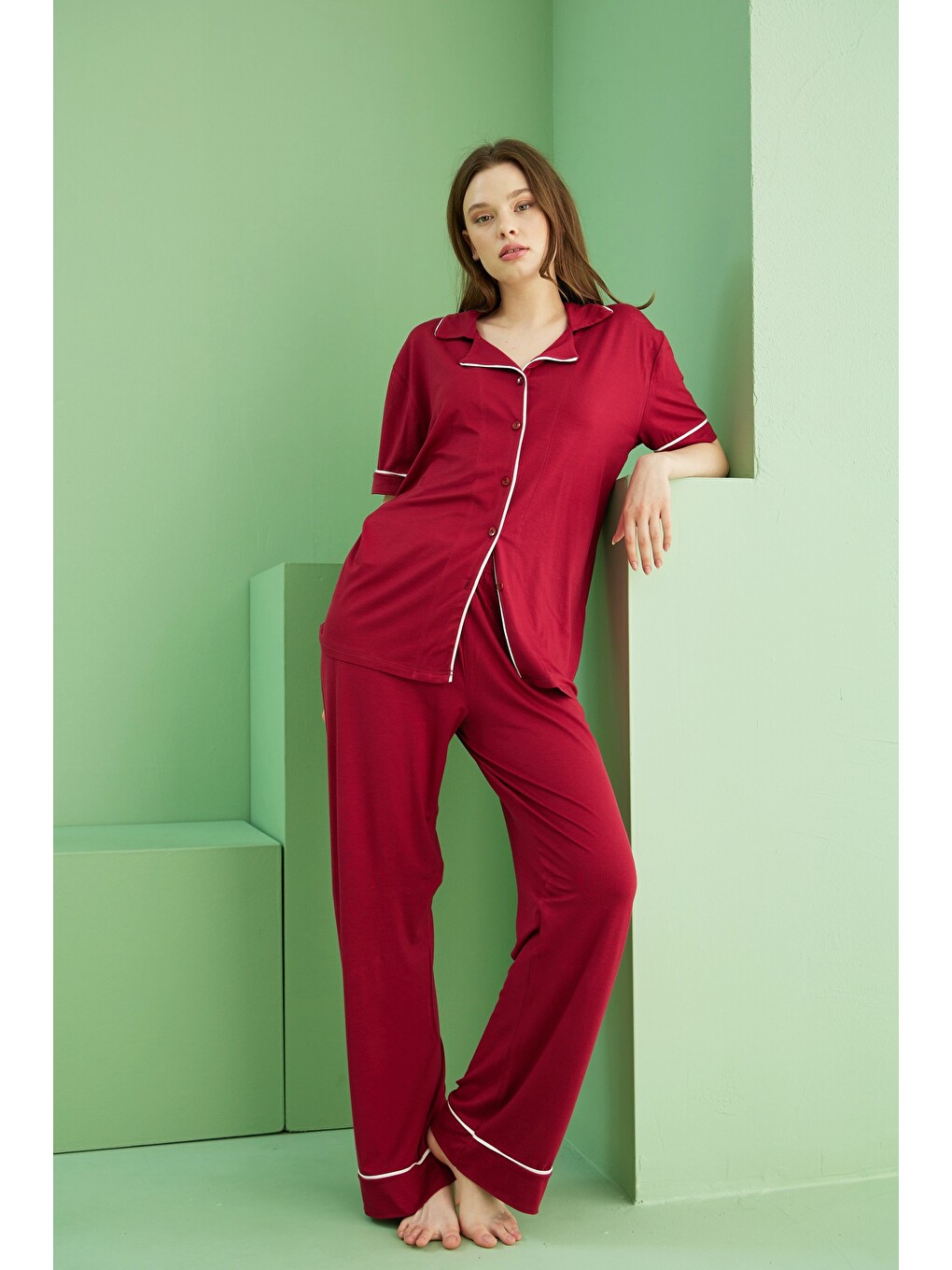 Bordo Gömlek Yaka Düğmeli Biyeli Kısa Kollu Viskon Geniş-salaş Kalıp Pijama Takım7828-1