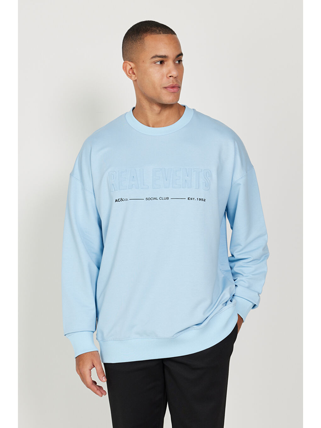 Erkek Mavi Oversize Bol Kesim Bisiklet Yaka Pamuklu Sweatshirt