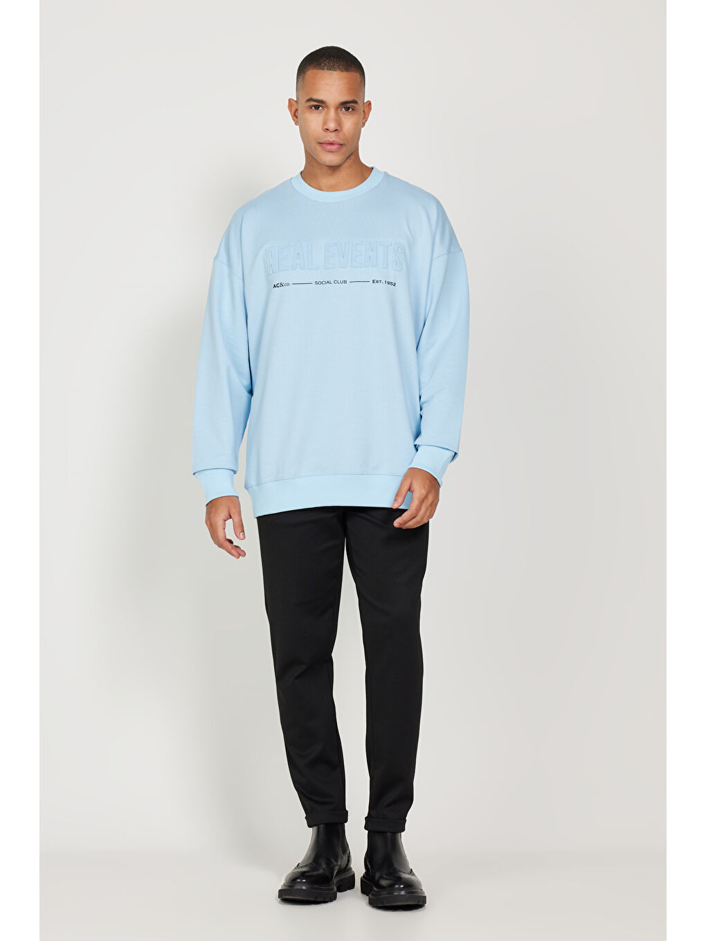 Erkek Mavi Oversize Bol Kesim Bisiklet Yaka Pamuklu Sweatshirt-1