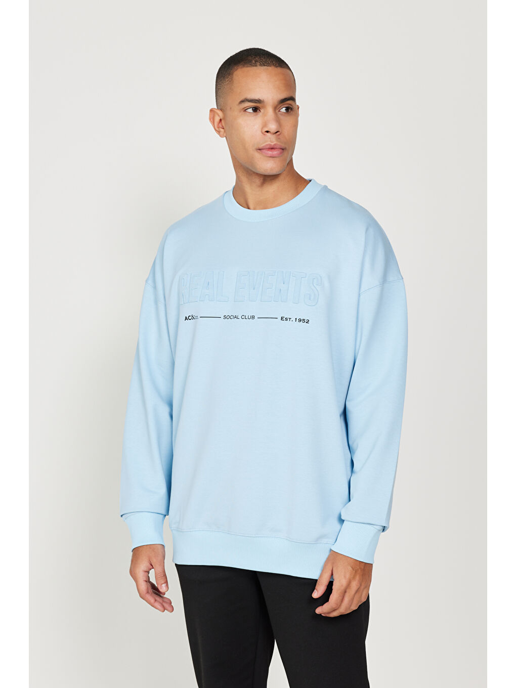 Erkek Mavi Oversize Bol Kesim Bisiklet Yaka Pamuklu Sweatshirt-2