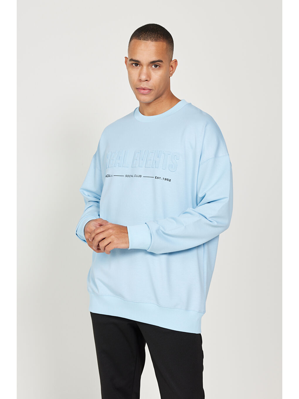 Erkek Mavi Oversize Bol Kesim Bisiklet Yaka Pamuklu Sweatshirt-4