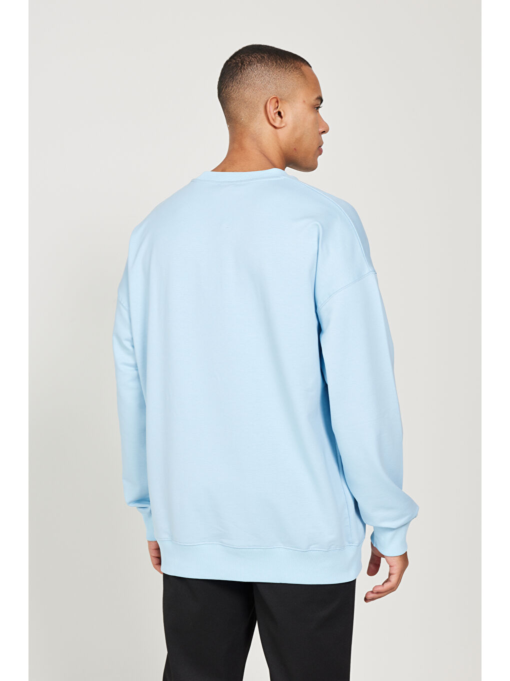 Erkek Mavi Oversize Bol Kesim Bisiklet Yaka Pamuklu Sweatshirt-5