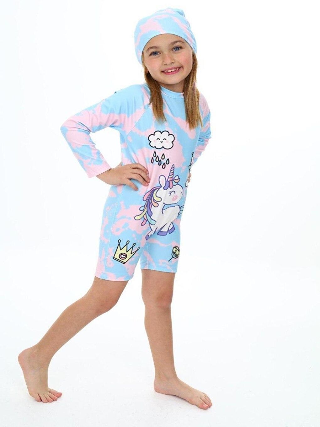Mavi Kız Çocuk Yüzücü Şortlu ve Boneli Mayo Takımı 3-10 Yaş 12222