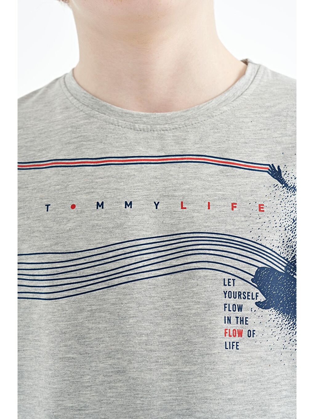 TOMMYLIFE Gri Melanj Baskı Detaylı Standart Kalıp O Yaka Erkek Çocuk T-Shirt - 11133 - 1