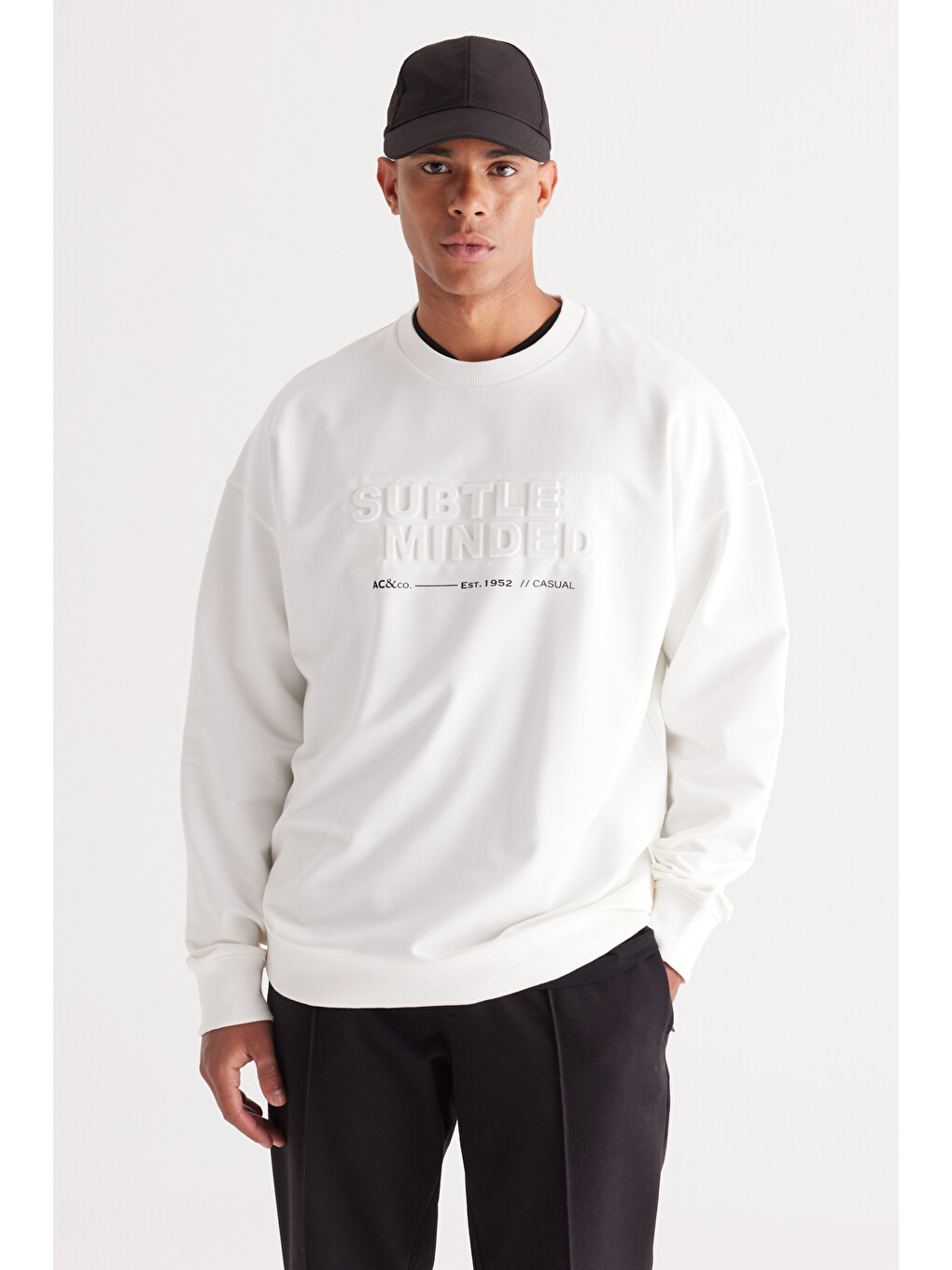 Erkek Ekru Oversize Bol Kesim Bisiklet Yaka Pamuklu Sweatshirt