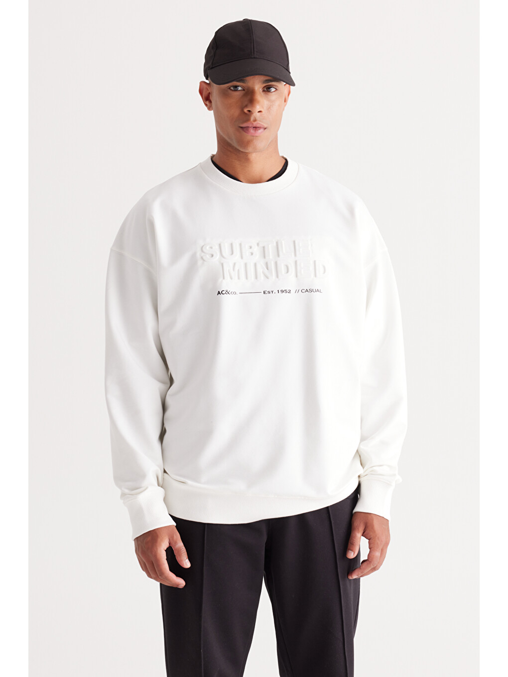 Erkek Ekru Oversize Bol Kesim Bisiklet Yaka Pamuklu Sweatshirt-2