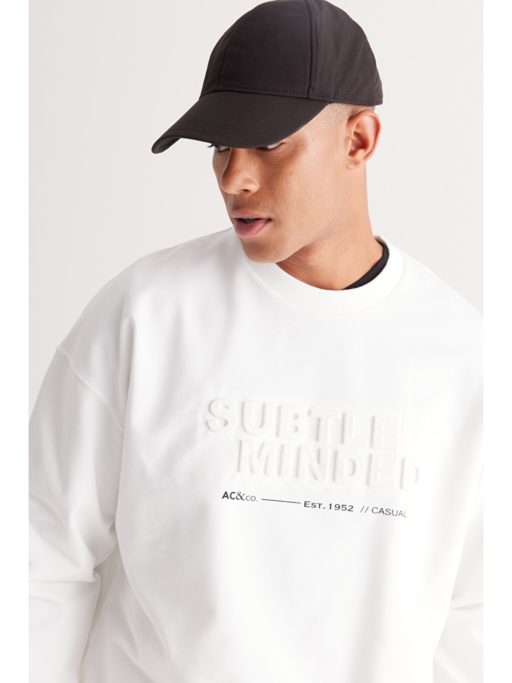 Erkek Ekru Oversize Bol Kesim Bisiklet Yaka Pamuklu Sweatshirt-3