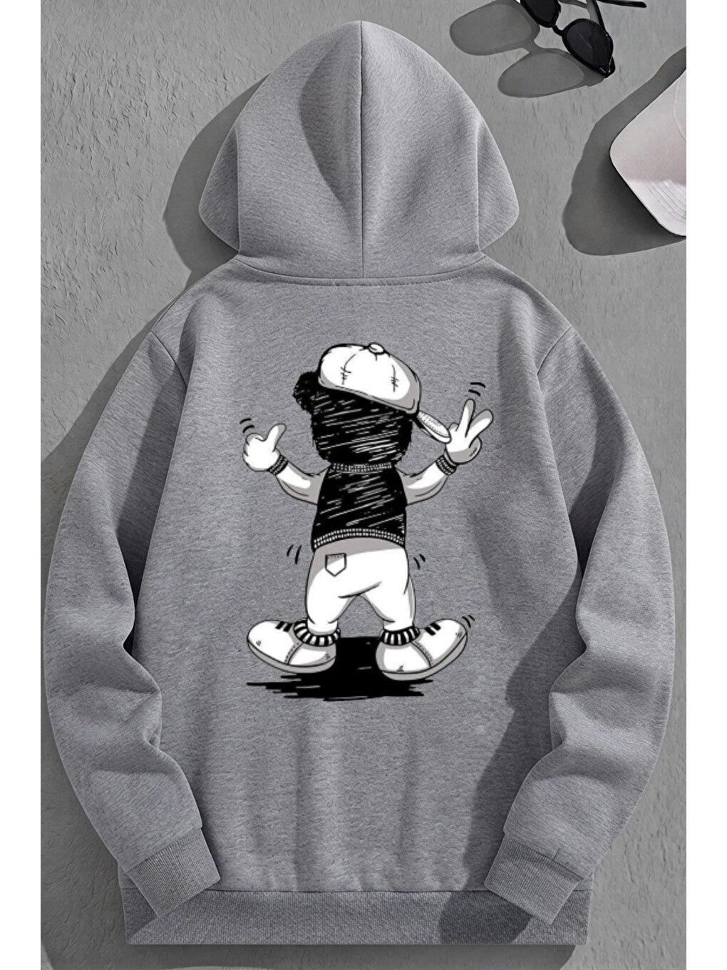 Unisex 3 İplik Pamuklu Gri Şapkalıbear Baskı Bol Kalıp Sweatshirt Hoodie