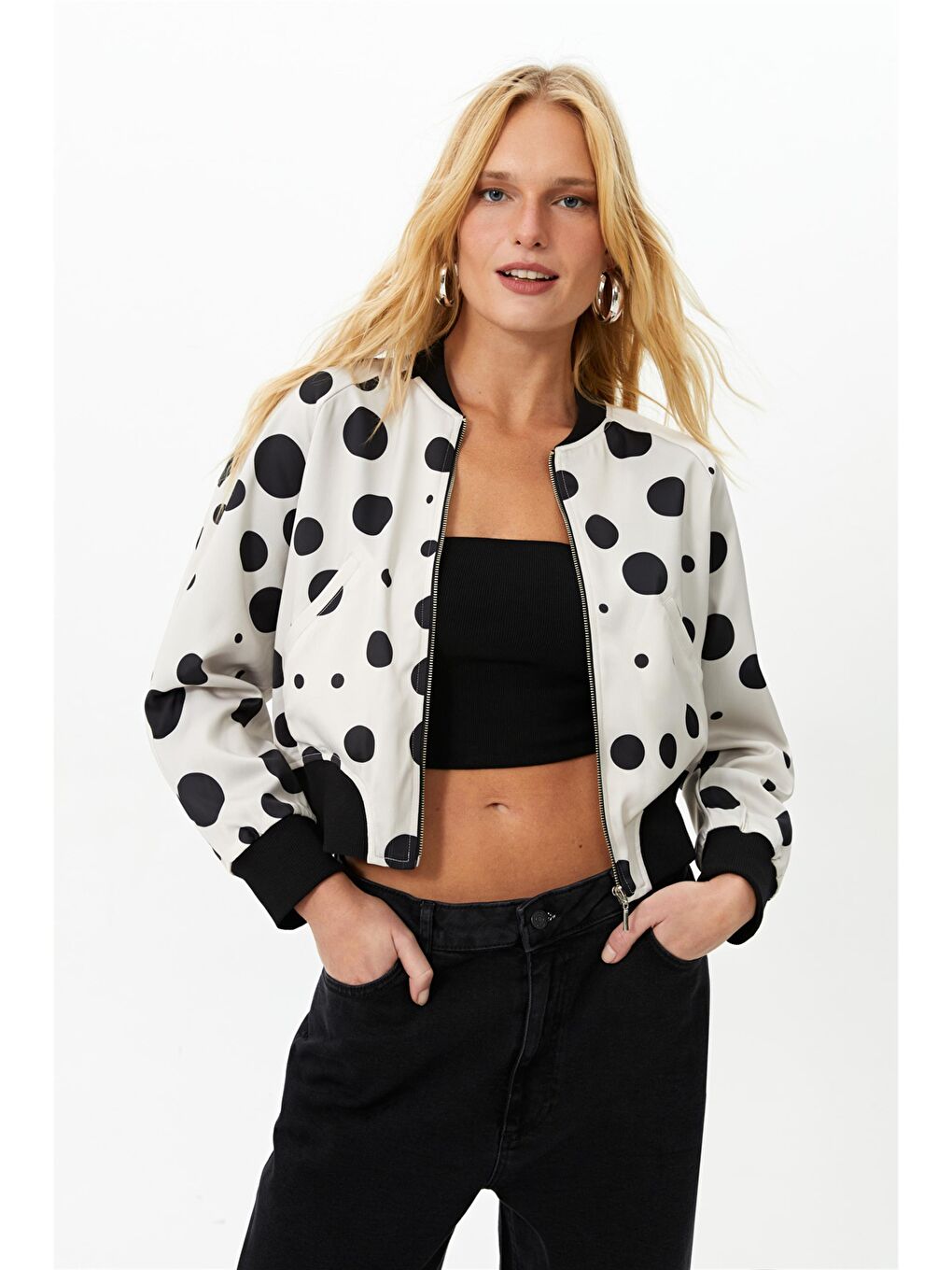 Ekru Puantiye Desenli Bomber Ceket-2