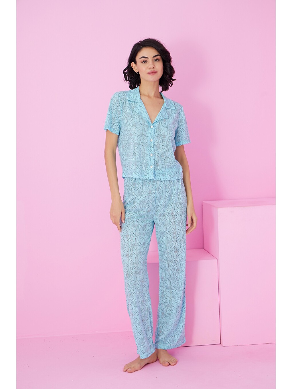 Mavi Pointel Ajurlu/delikli Gömlek Yaka Örme Düğmeli Pijama Takım-1