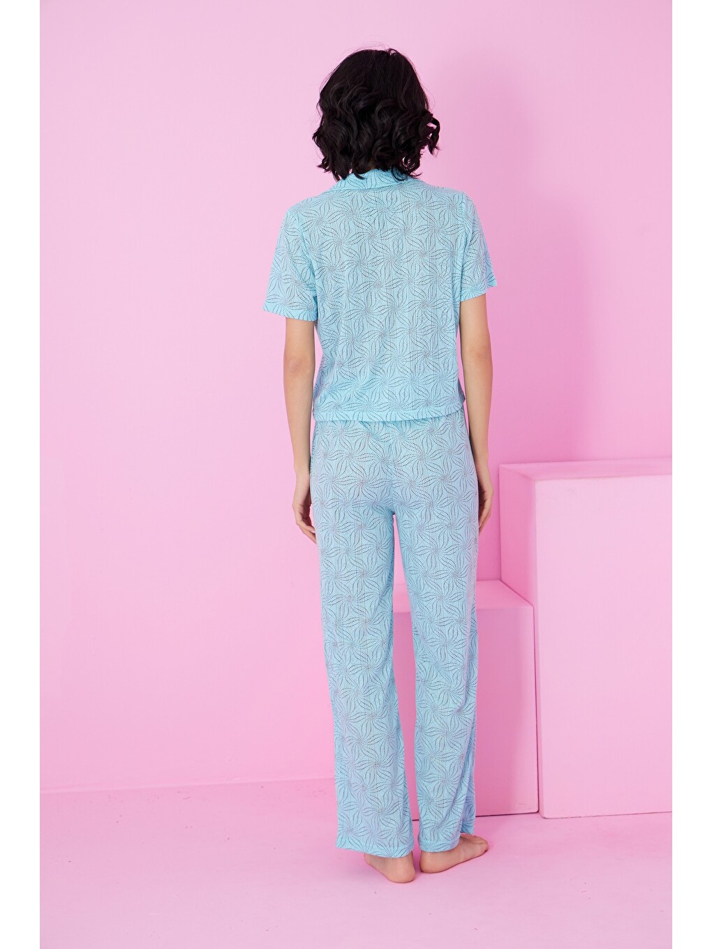 Mavi Pointel Ajurlu/delikli Gömlek Yaka Örme Düğmeli Pijama Takım-2