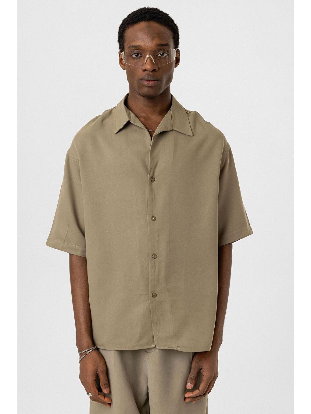 Oversize Lyocell Kumaş Gömlek Haki-2