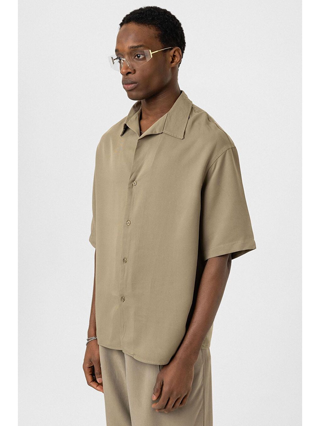 Oversize Lyocell Kumaş Gömlek Haki-3