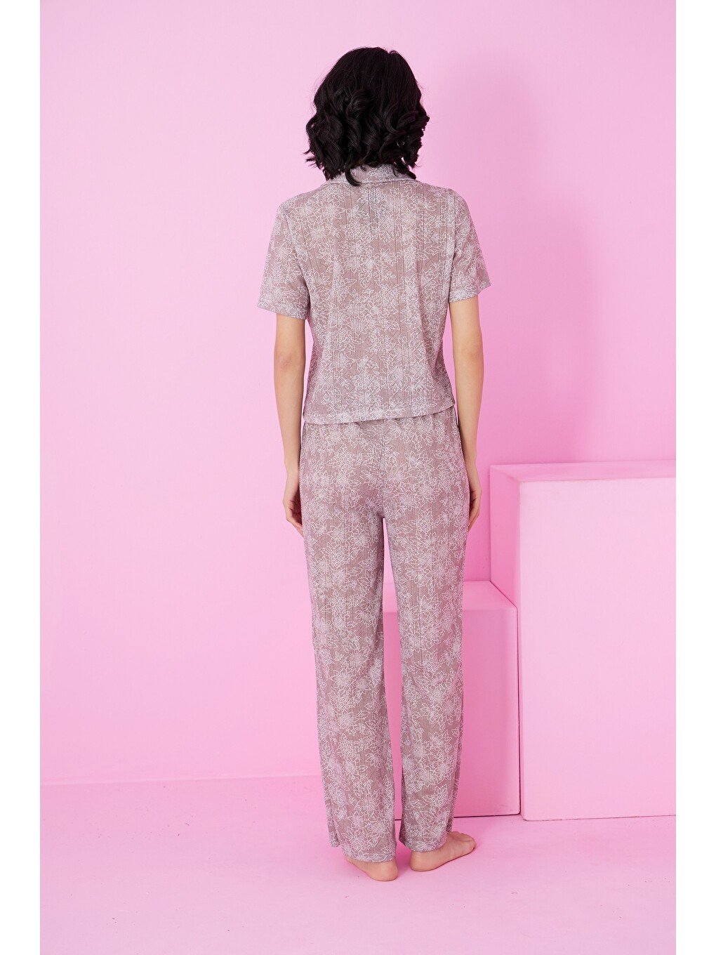 Kahverengi Pointel Ajurlu/delikli Gömlek Yaka Örme Düğmeli Pijama Takım-2
