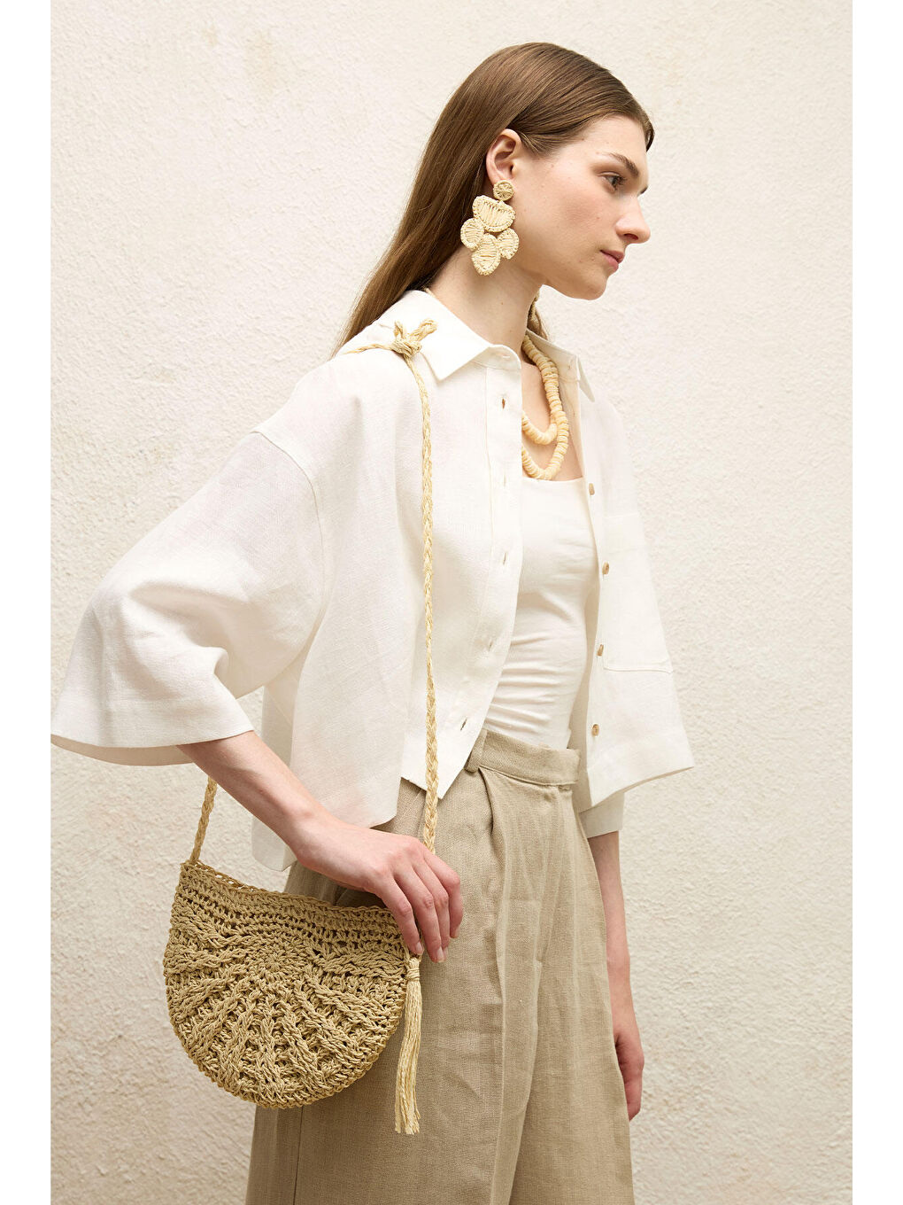 Desenli Hasır Mini Çanta Bej-1