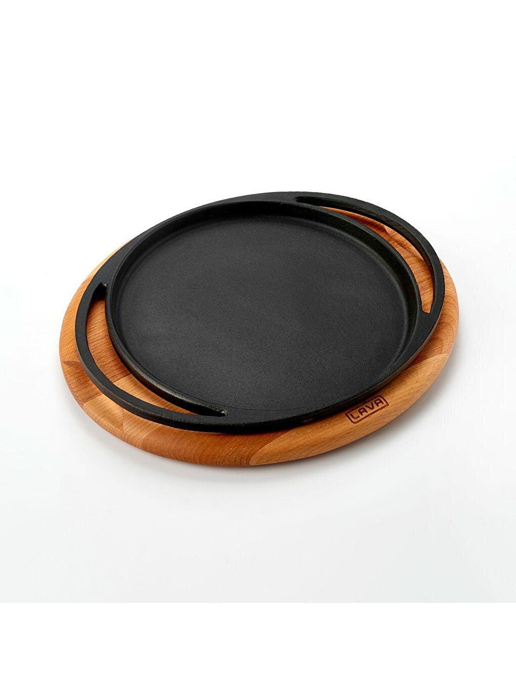 Siyah Yuvarlak Pizza Krep Pankek Tavası Döküm Demir Yekpare Çift Kulplu Kayın Servis Ahşabı Çap(Ø)20cm.-1