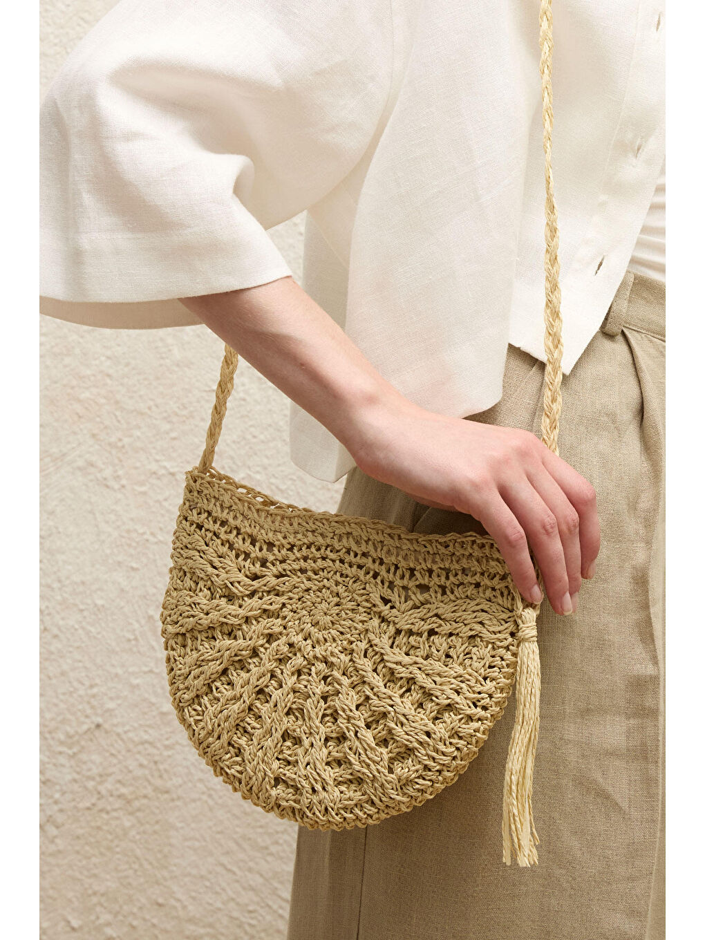 Desenli Hasır Mini Çanta Bej-2