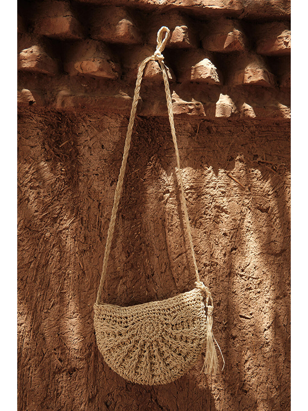 Desenli Hasır Mini Çanta Bej-3