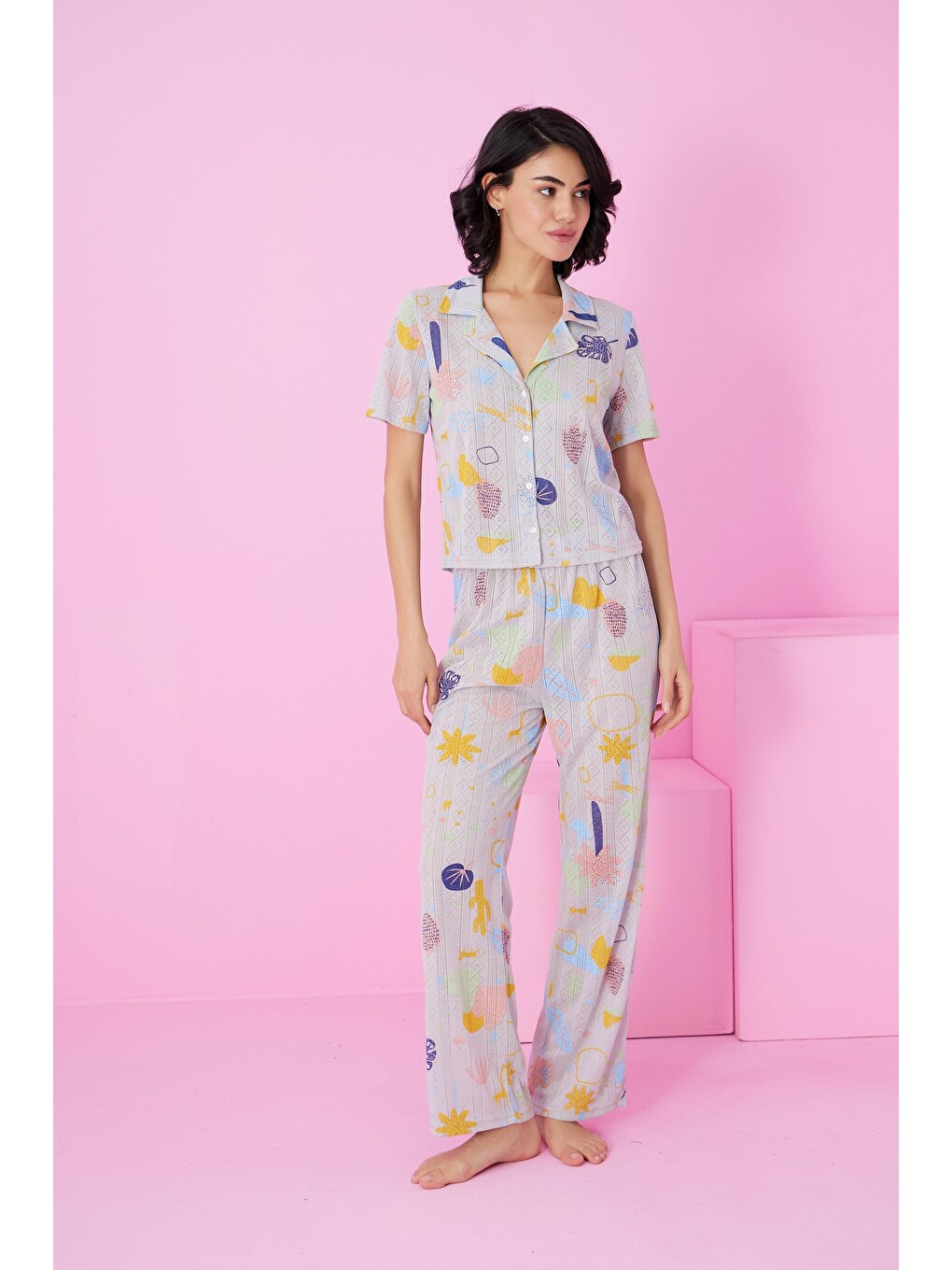 Gri Pointel Ajurlu/delikli Gömlek Yaka Örme Düğmeli Pijama Takım-1