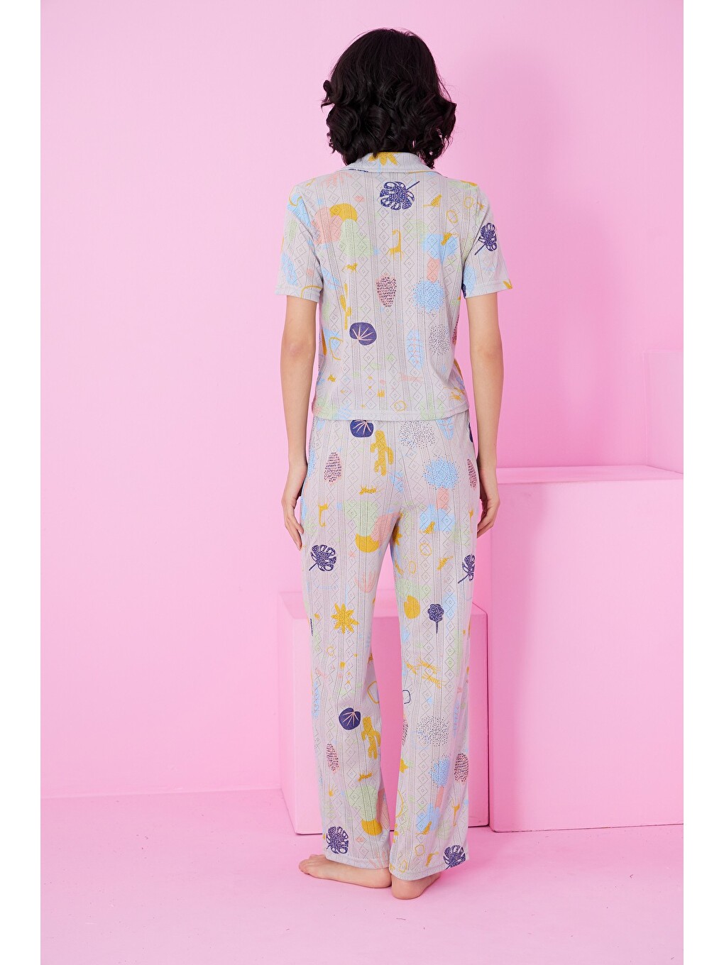 Gri Pointel Ajurlu/delikli Gömlek Yaka Örme Düğmeli Pijama Takım-2