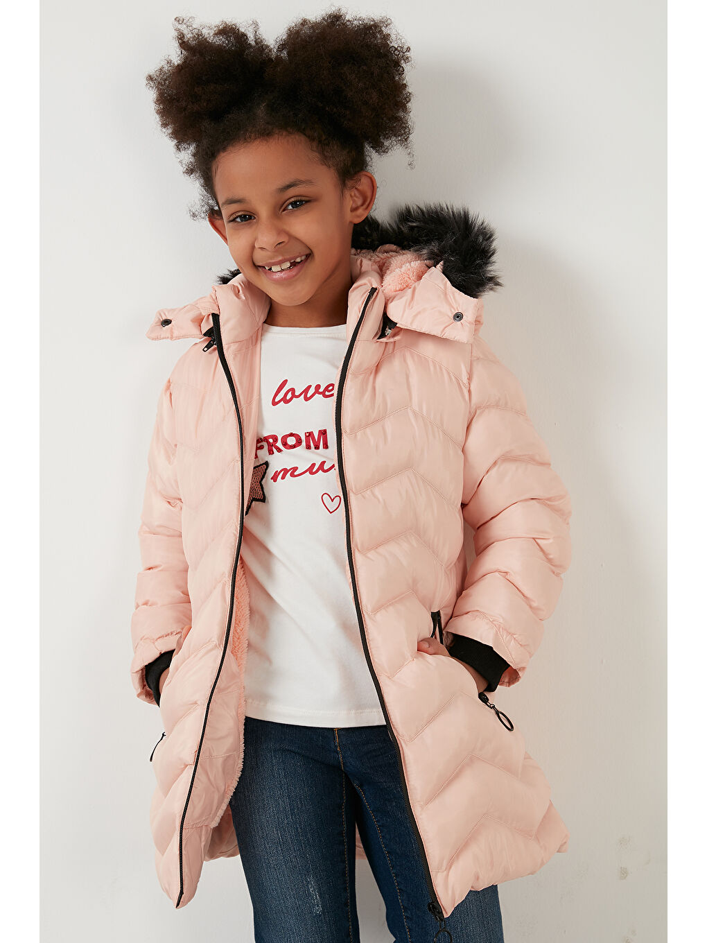 Pembe Pelüş Astarlı Yakası Suni Kürklü Çıkarılabilir Kapüşonlu Kışlık Kız Çocuk Mont 5766041-5