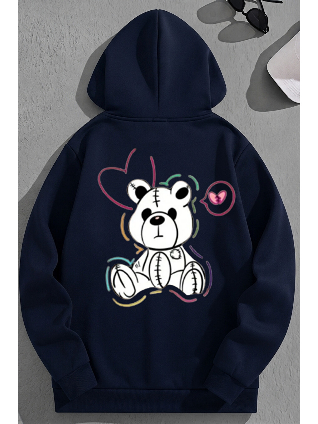 Unisex 3 İplik Pamuklu Lacivert Sweatbear Baskı Bol Kalıp Sweatshirt Hoodie