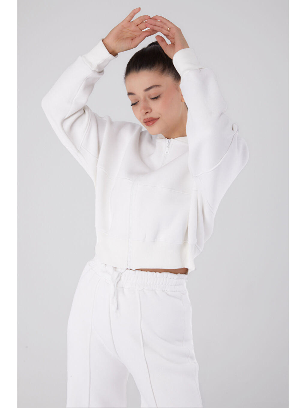 TOFİSA Düz Hakim Yaka Kadın Ekru Fermuarlı Crop Sweatshirt - 26274 - 1