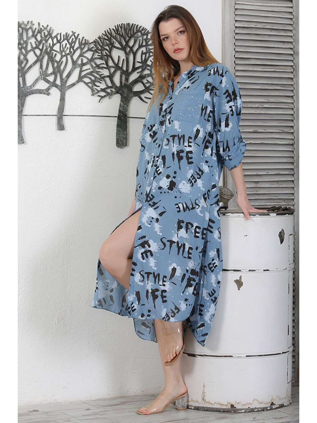 İtalyan Petrol Mavisi Düğmeli Uzun Kollu Desenli Çift Cepli Pul Payetli Dokuma Yazlık Elbise 130 65-5