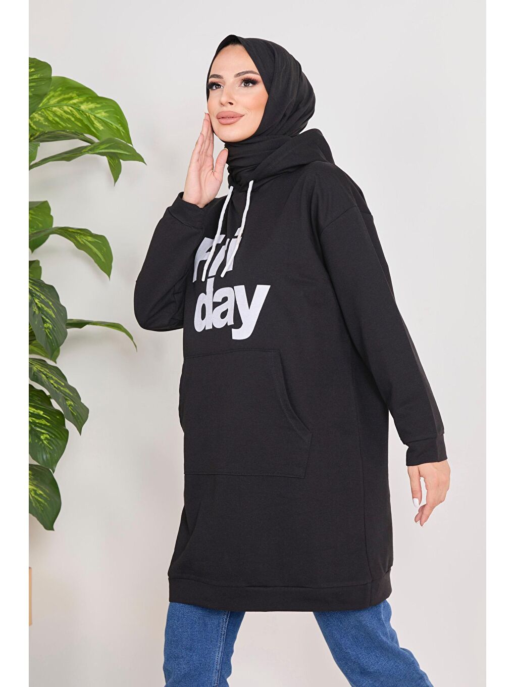 Kapüşonlu Yaka Kadın Siyah Kapüşonlu Sweat - 23011