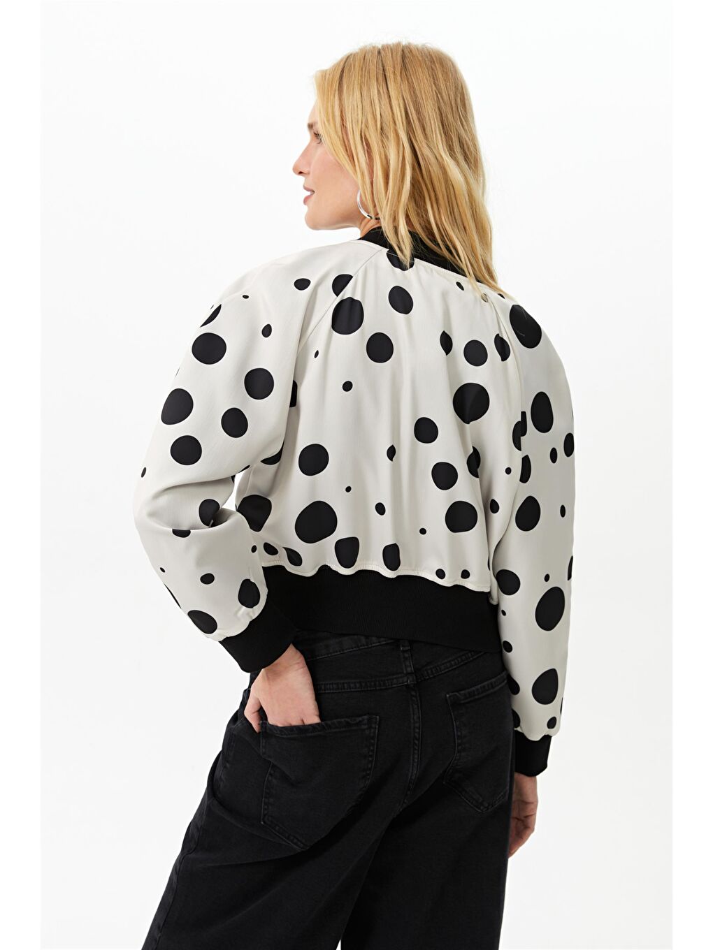 Ekru Puantiye Desenli Bomber Ceket-4