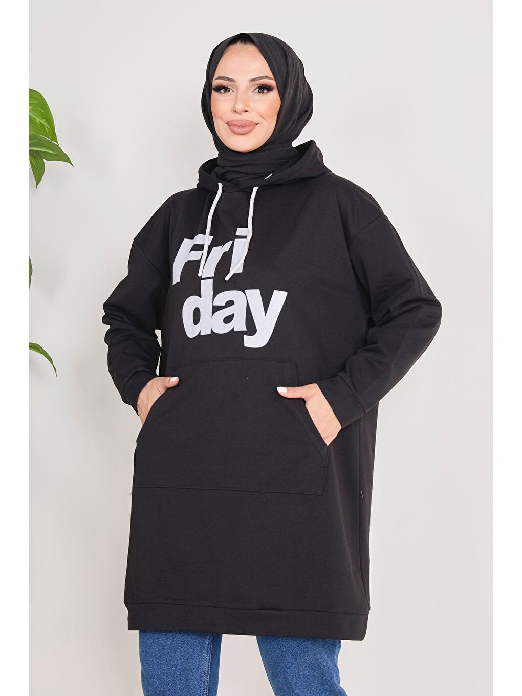 Kapüşonlu Yaka Kadın Siyah Kapüşonlu Sweat - 23011-2