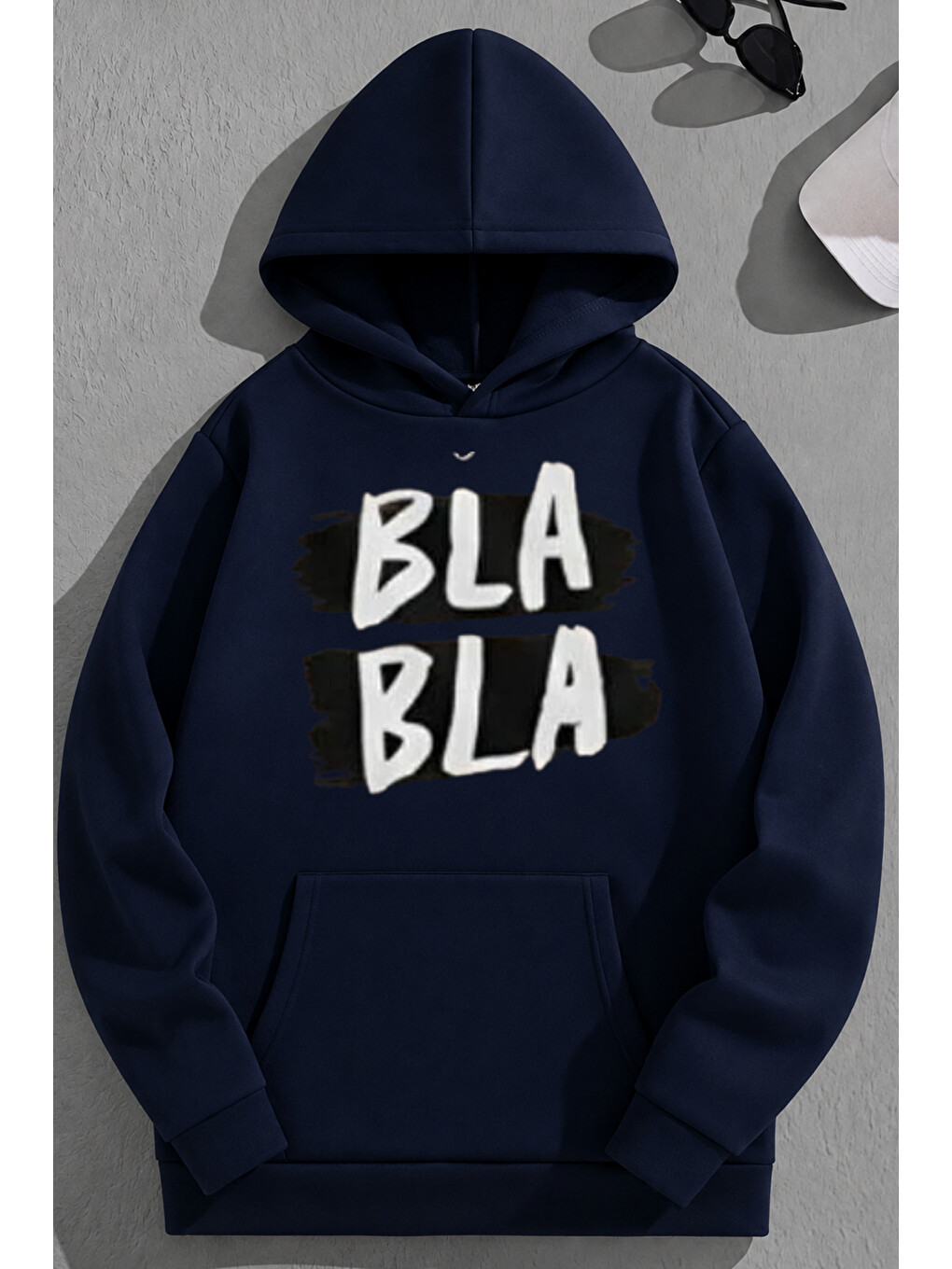 Unisex 3 İplik Pamuklu Lacivert Blabla Baskı Bol Kalıp Sweatshirt Hoodie