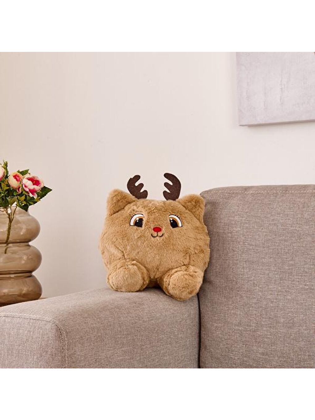 Soft Sevimli Geyik Figürlü Yastık - Kahverengi - 28x26 cm