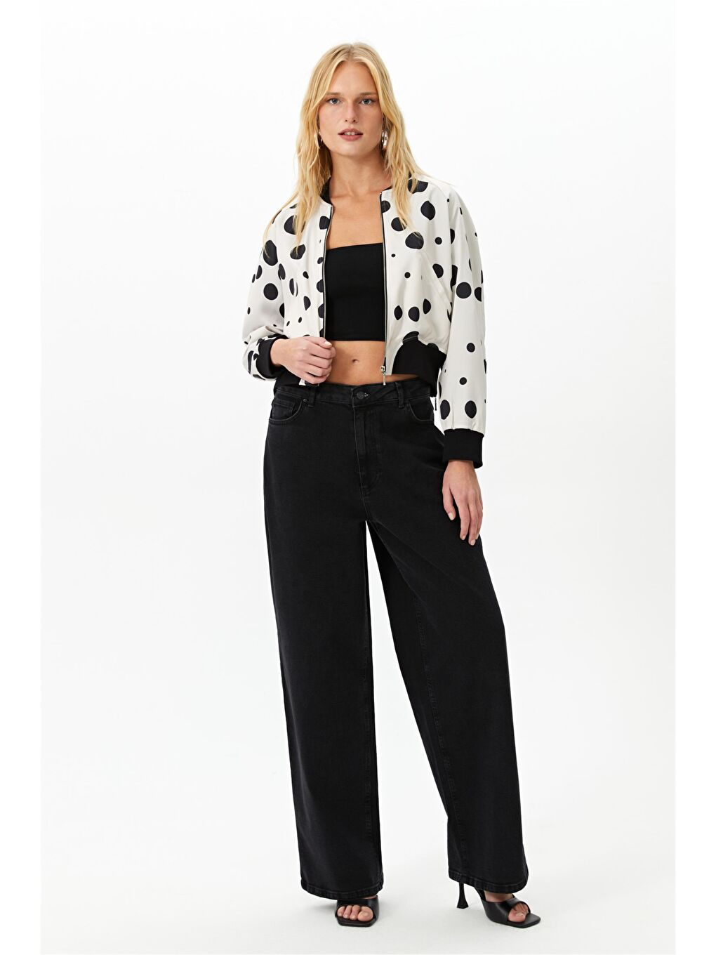 Ekru Puantiye Desenli Bomber Ceket-5