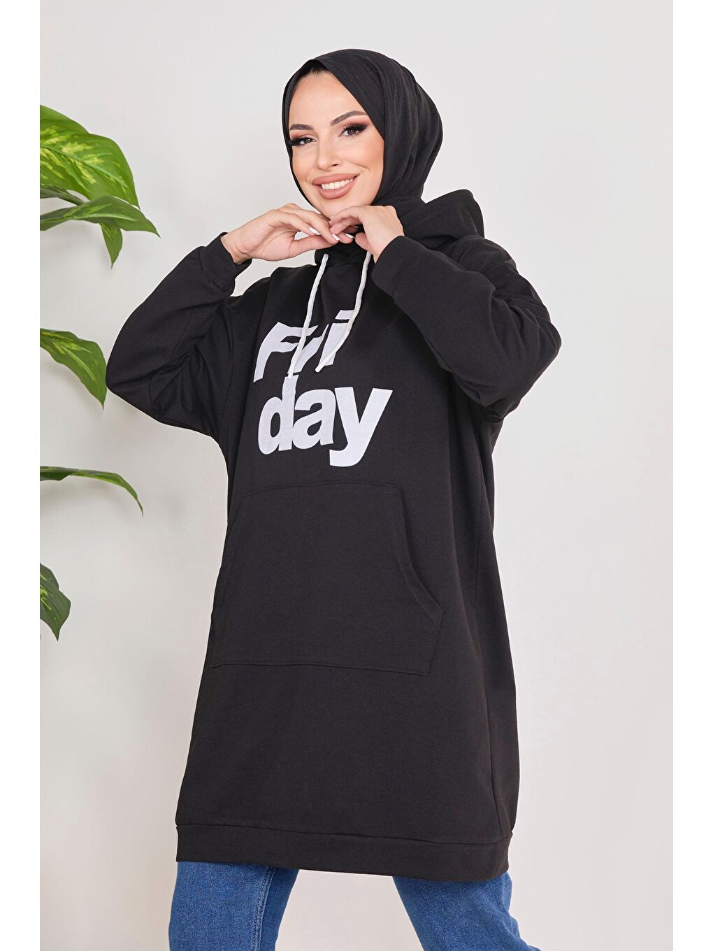 Kapüşonlu Yaka Kadın Siyah Kapüşonlu Sweat - 23011-3