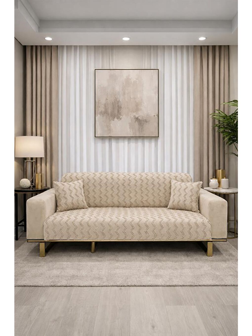 Lumpa Kırlent Kılıfı Hediyeli 170x210 cm Pamuklu Koltuk Örtüsü Bej