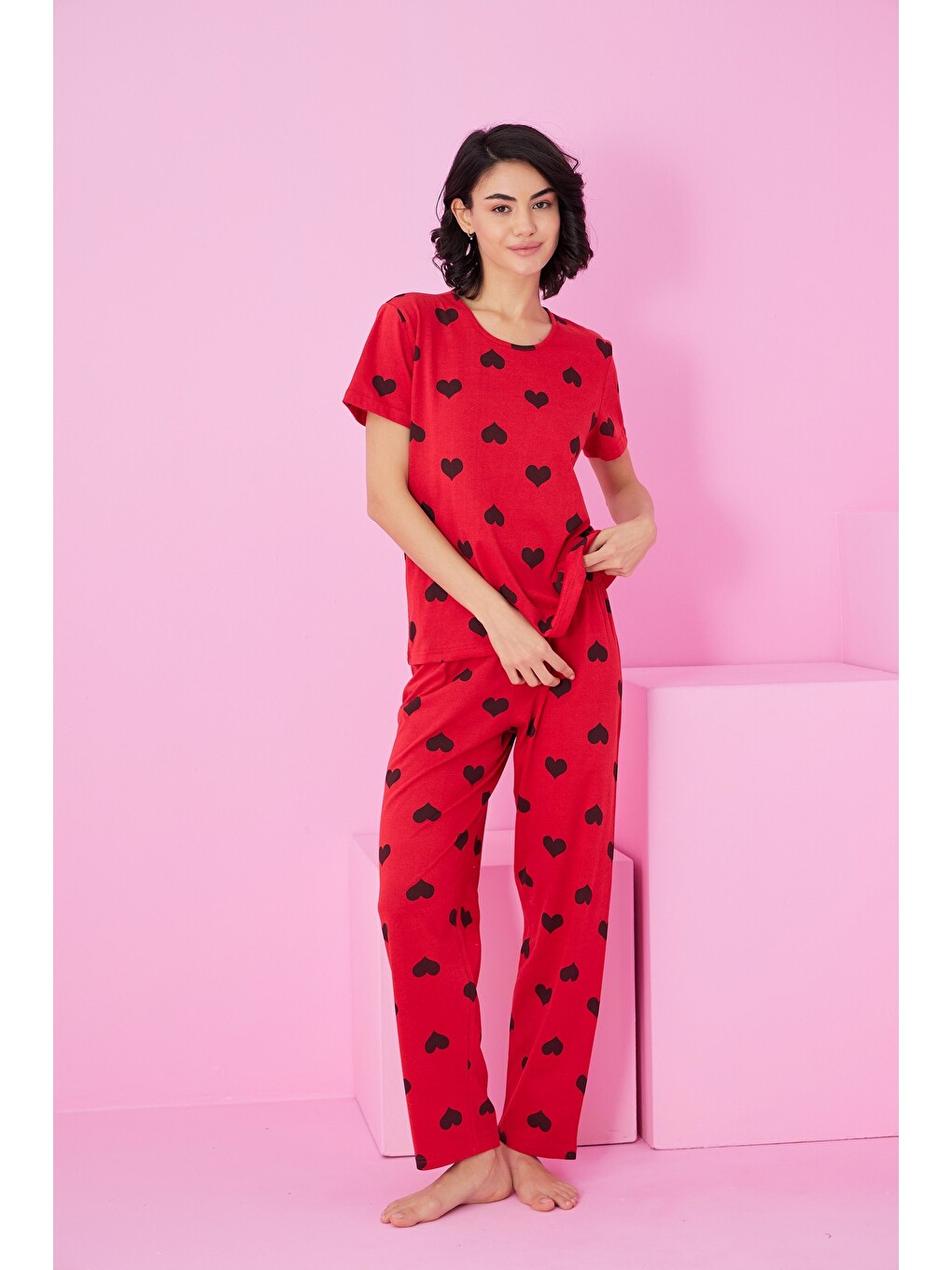 Karışık Bisiklet Yaka Örme Pijama Takım-1