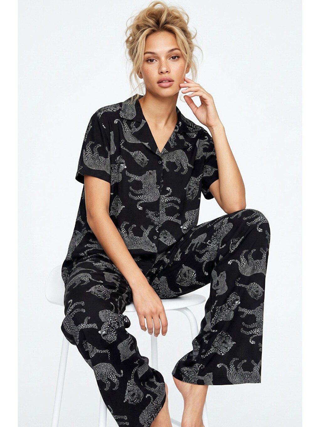 Karışık Gömlek Yaka Düğmeli Örme Pijama Takım-1